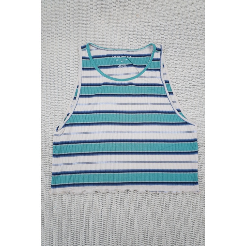 American Eagle Soft Sexy Tank Top Shirt Womens Medium Blue White Cropped Ruffles